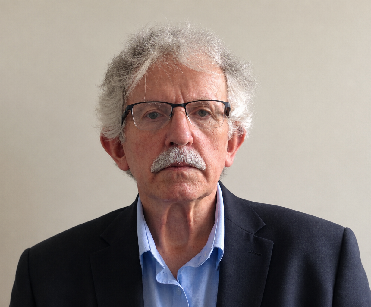 Man wearing dark jacket with light shirt. He has grey curly hair and glasses