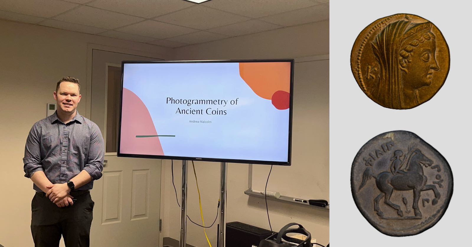 Andrew Malcolm stands beside a presenter screen, image is split with two ancient coins