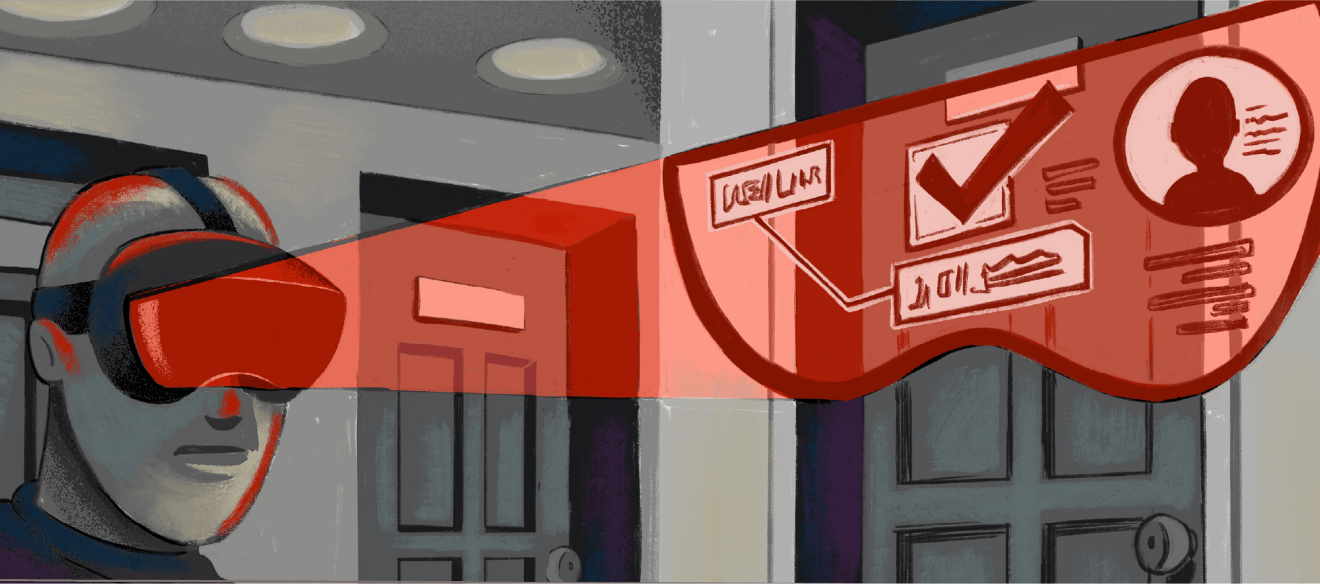 Illustration of a person wearing a headset that is scanning the room in front of them.