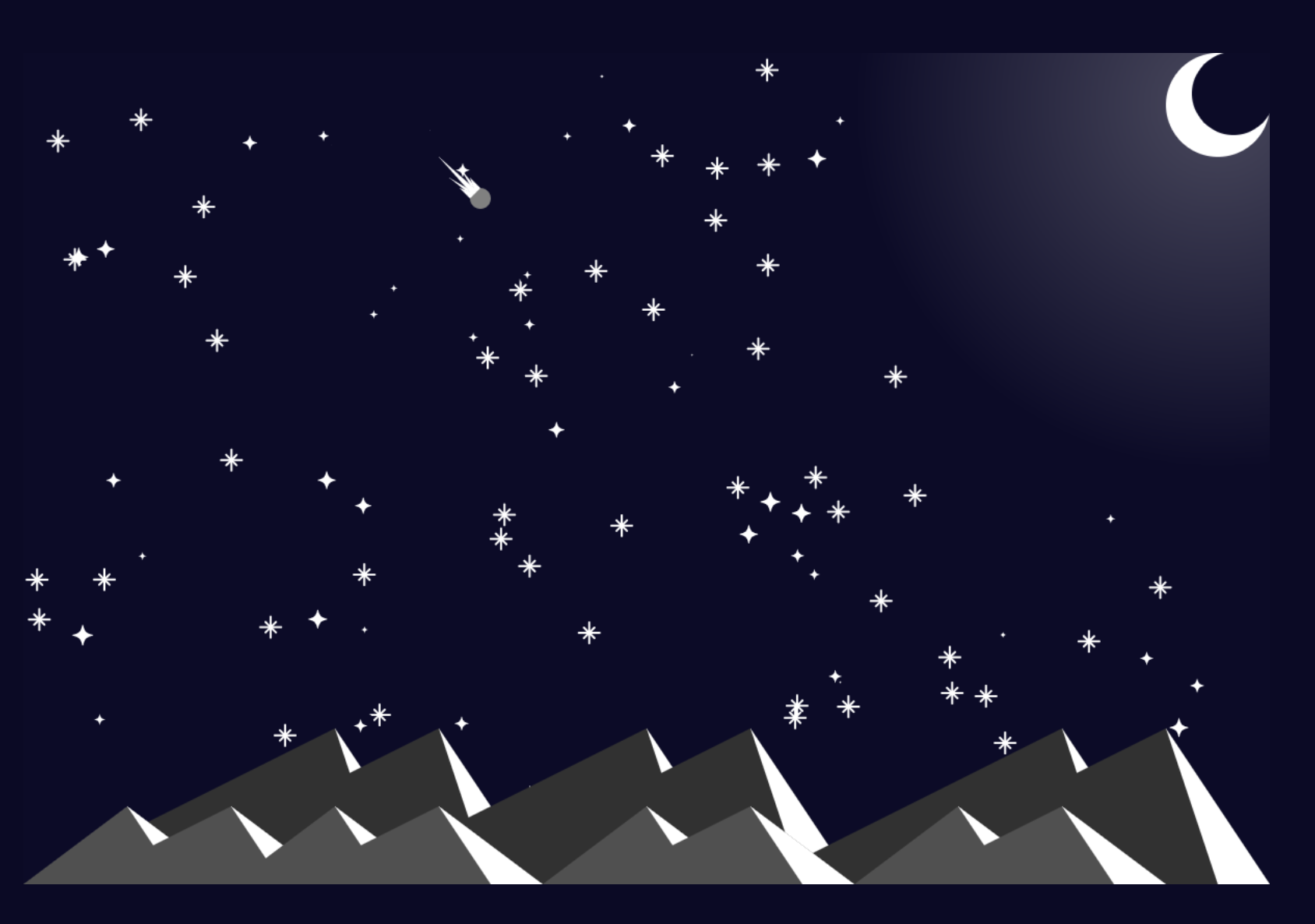 White stars against a deep blue-black sky, with a single meteor passing through. Below, rows of gray mountains are illuminated on one side by a crescent moon.