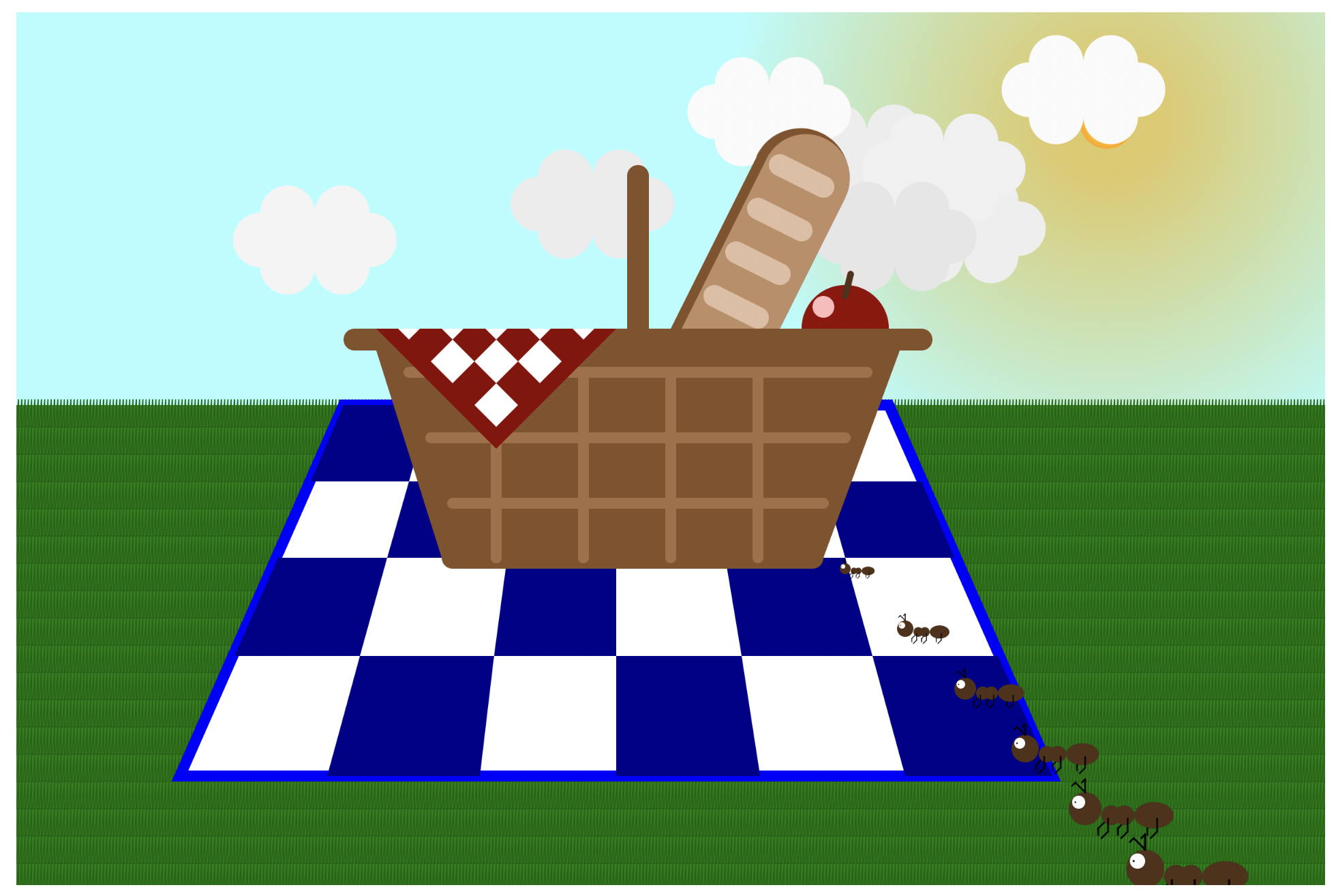 A picnic basket holding bread and apples sits in on a blue-and-white checkered picnic blanket under a cloudy sky. Several ants march towards the basket.