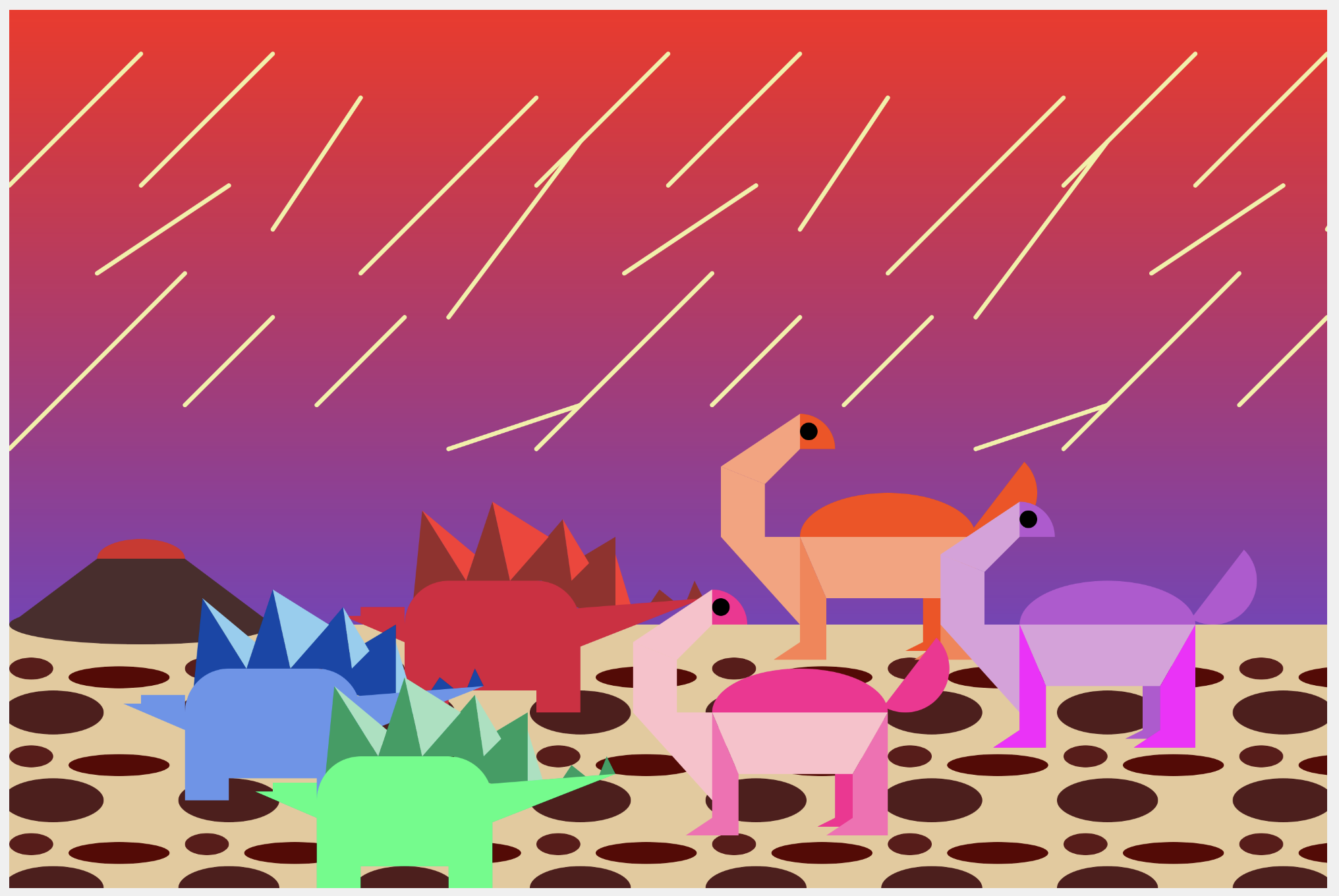 Multicolored stegosauruses and brachiosauruses stand next to a mountain and watch small meteorites rain down.