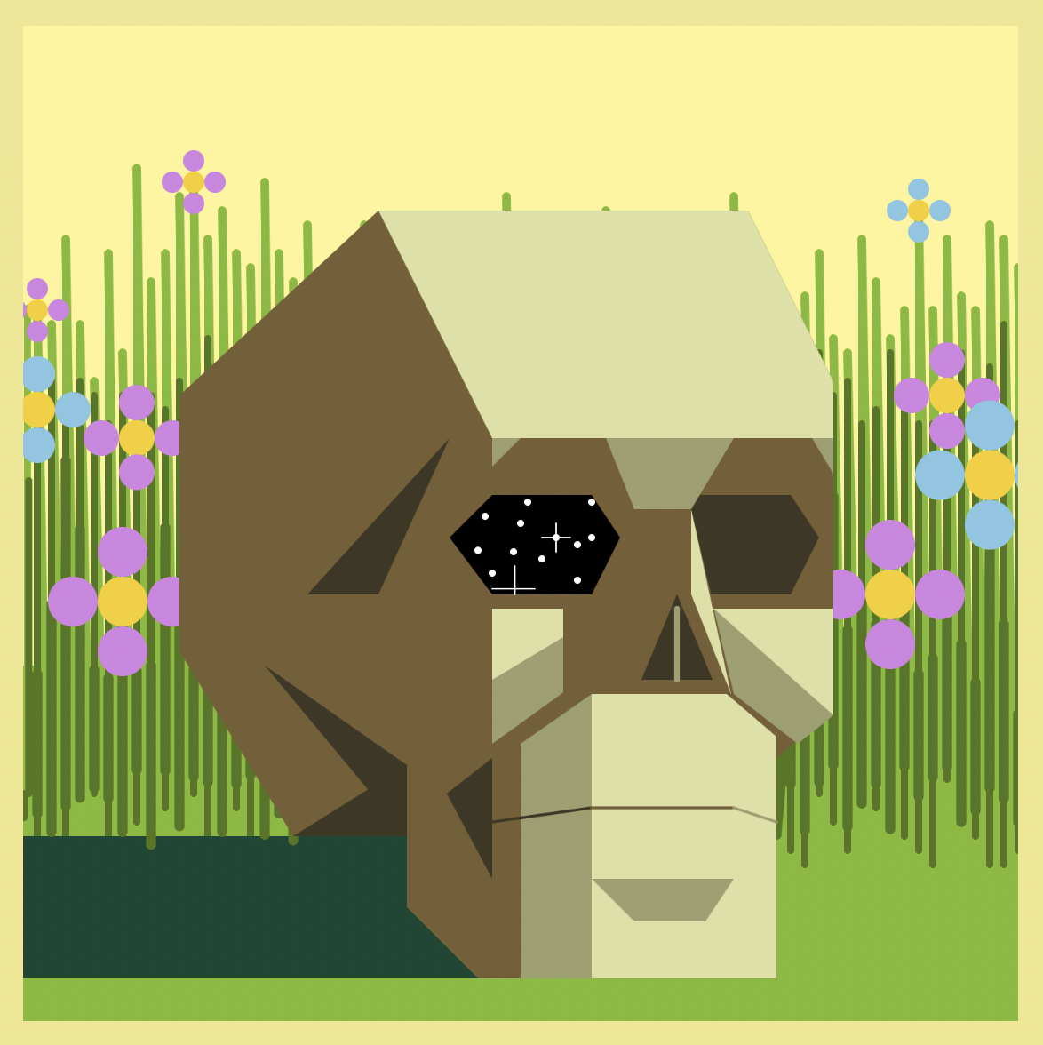A 3D skull sits in 2D grass and flowers. The sun casts a shadow on its left half, and the left eye socket is full of stars.