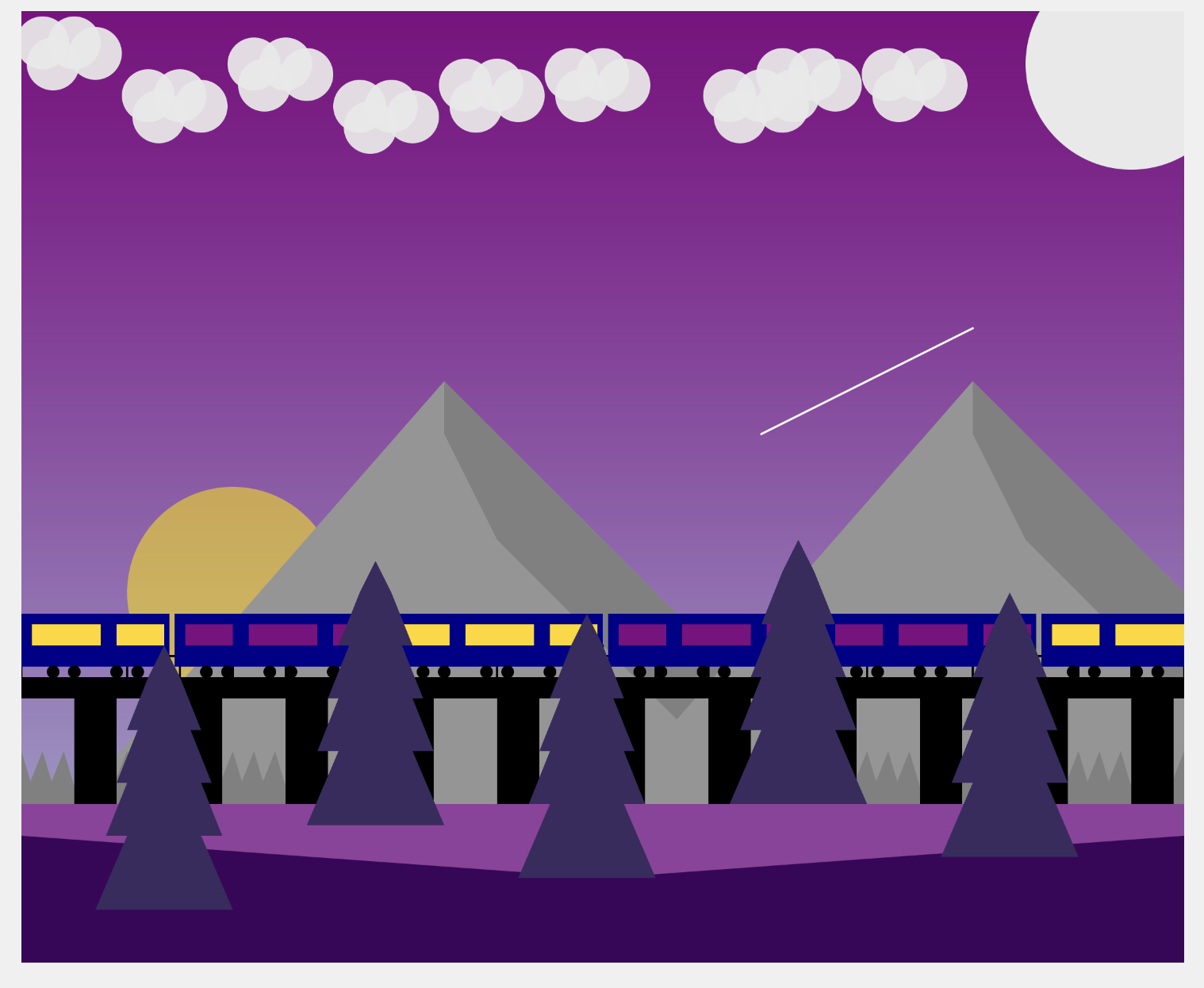 A train passing in front of grey mountains and behind purple trees. The sun sets, moon rises, and a shooting star passes in a purple sky.