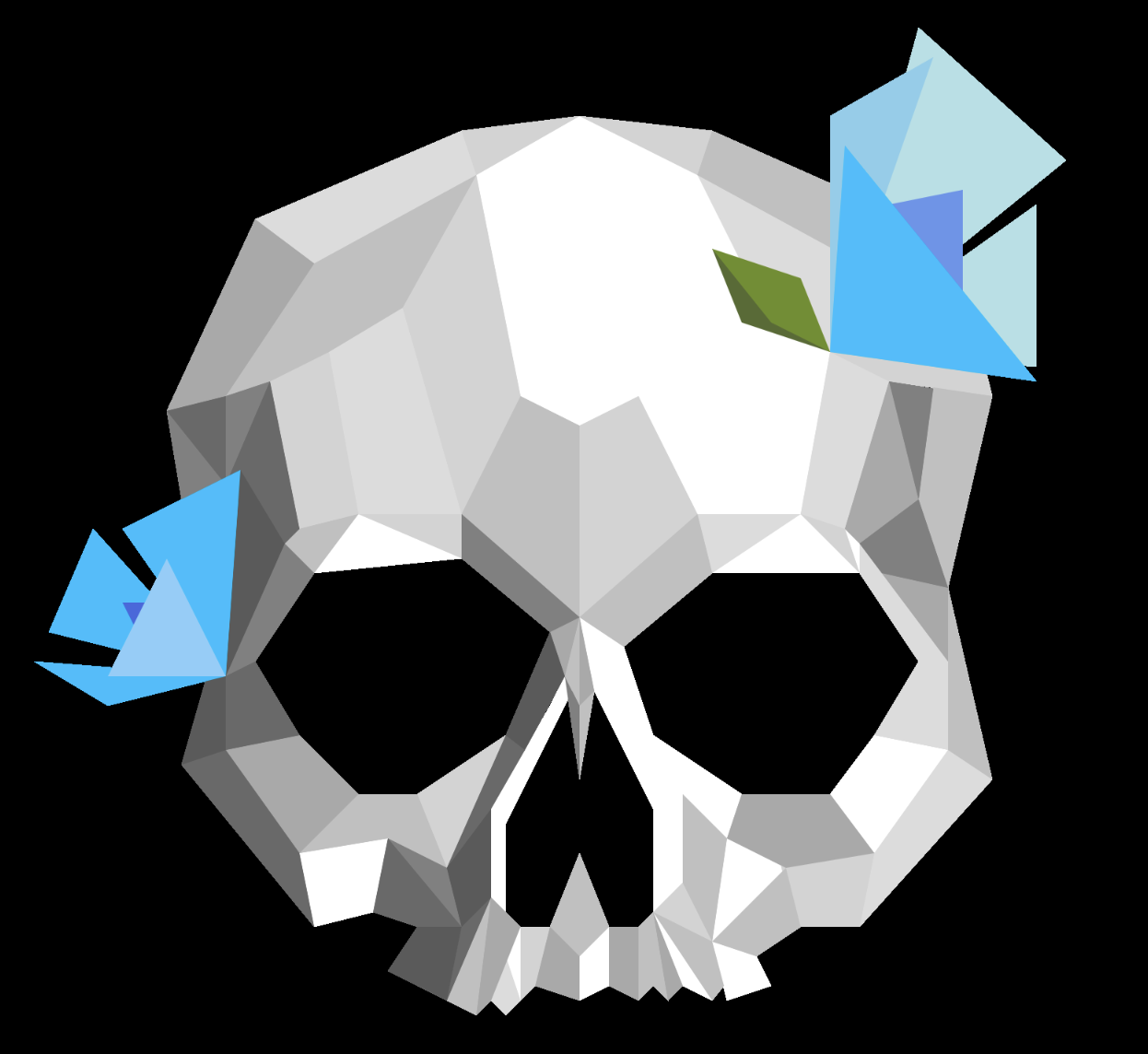 Skull made of white and gray shapes with two blue flowers, one on the cheek and one on the crown of the head, on a black background.