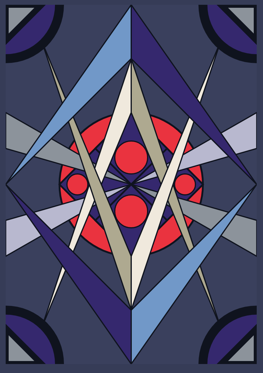 Geometrical pattern of overlapping Vs made of blue and gray triangles on top of a red circle with a blue diamond and smaller red circles on top of it in the middle.