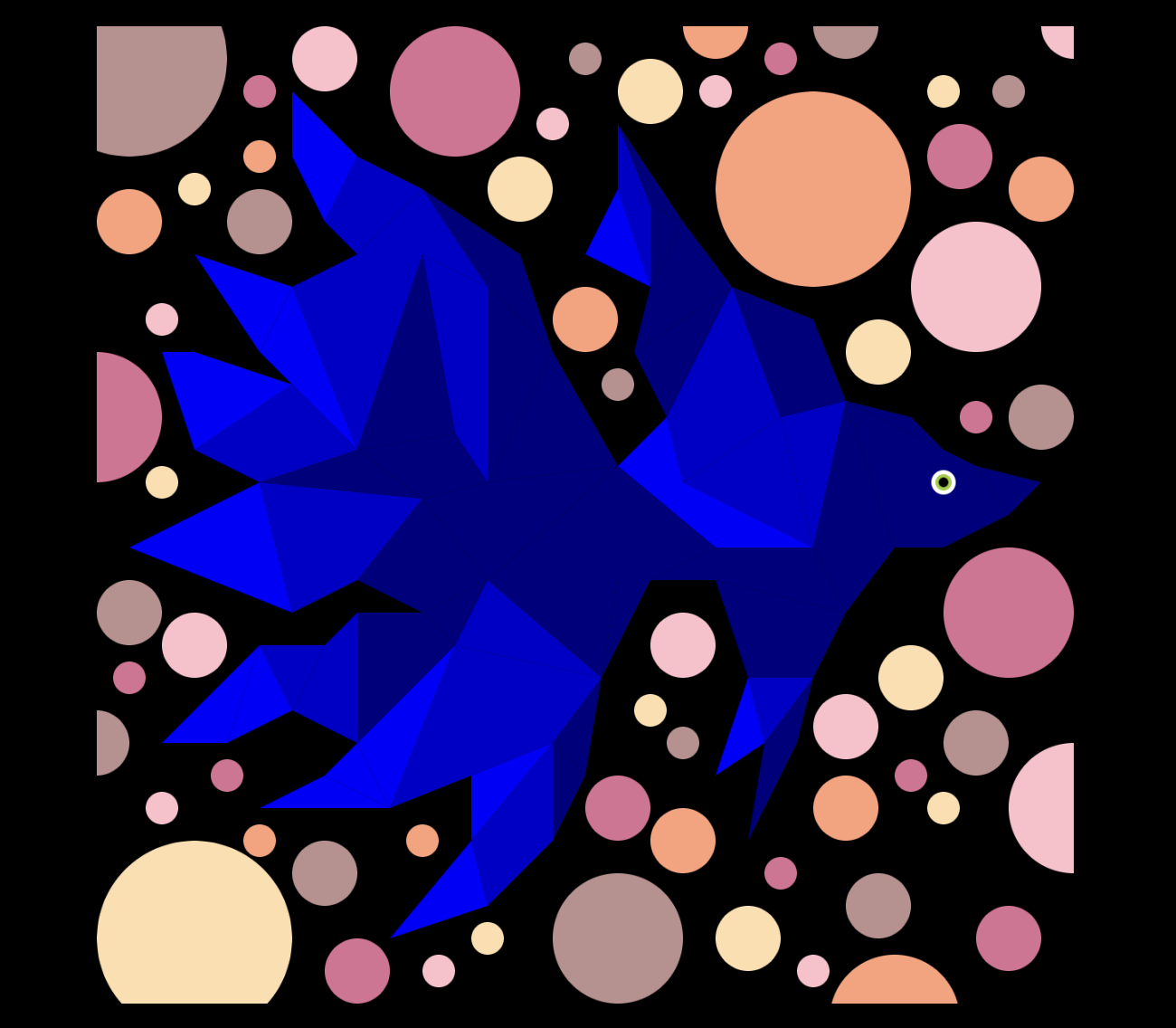 Beta fish with large tail made of blue shapes surrounded by circles in different shades of coral and pink bubbles on a black background.