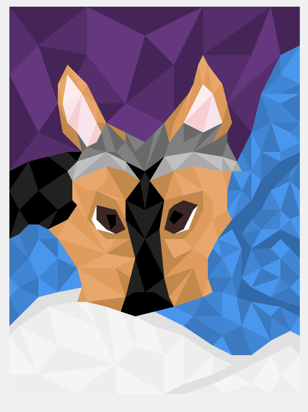 A dog’s face made of brown, gray, and black shapes on a background made of gray, black, purple, and blue shapes.