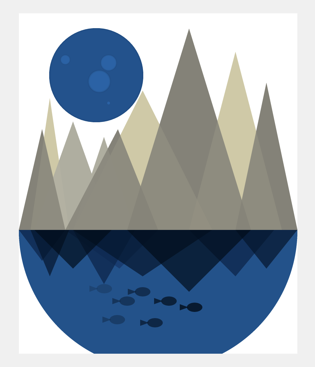Semicircular blue pond with fish, with mountains on top of it and reflected in it, and a blue full moon above the mountains on a white background.