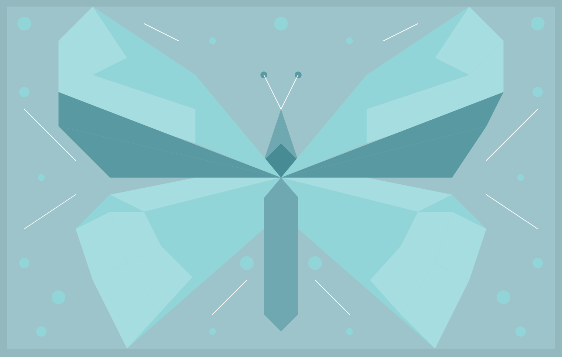 Butterfly made of teal and light blue shapes on a dotted and lined light blue background.