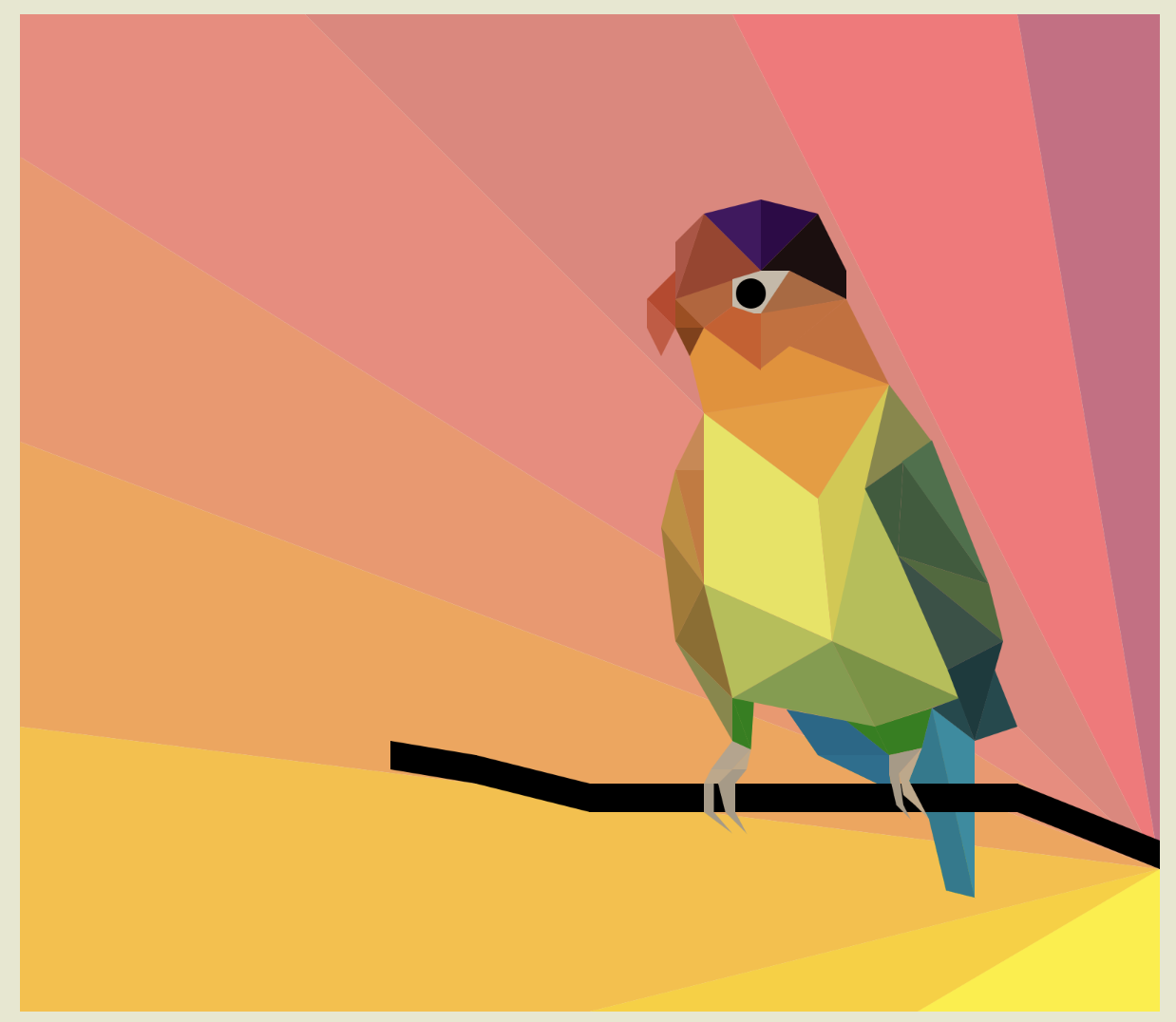 Rainbow-colored bird with a green back and tail, yellow stomach, orange neck, and red head sitting on a branch with a pink and orange sunset in the background.