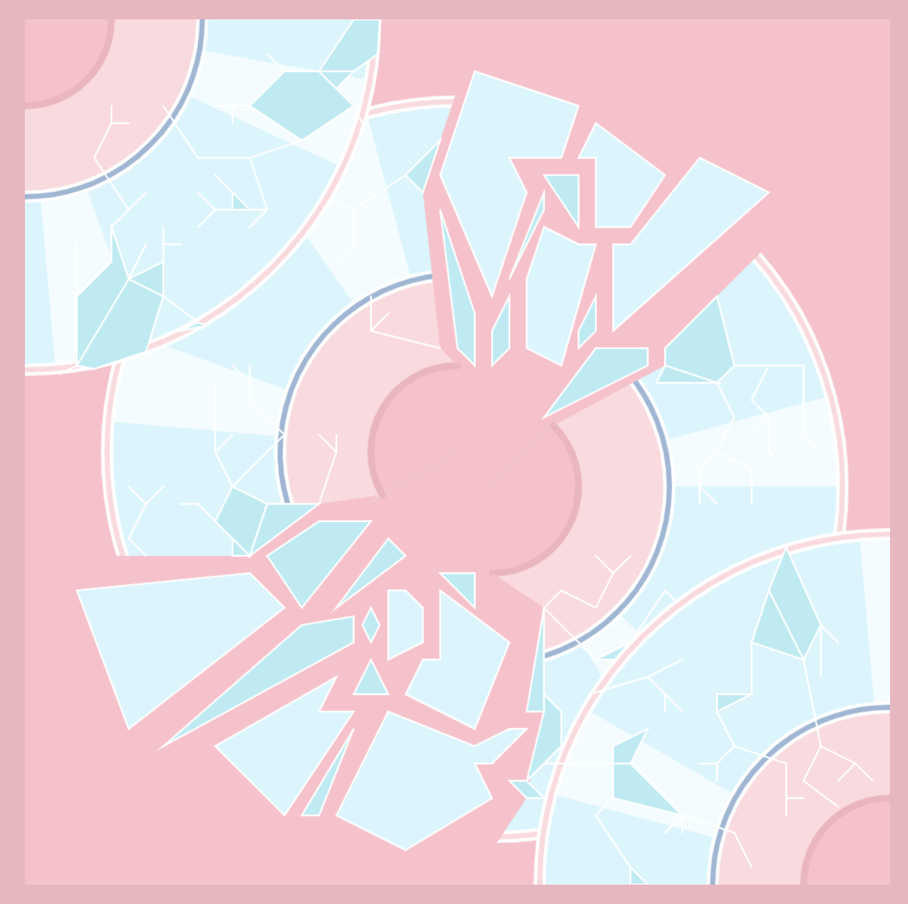 Three light blue CDs that are shattered into pieces on a light pink background.
