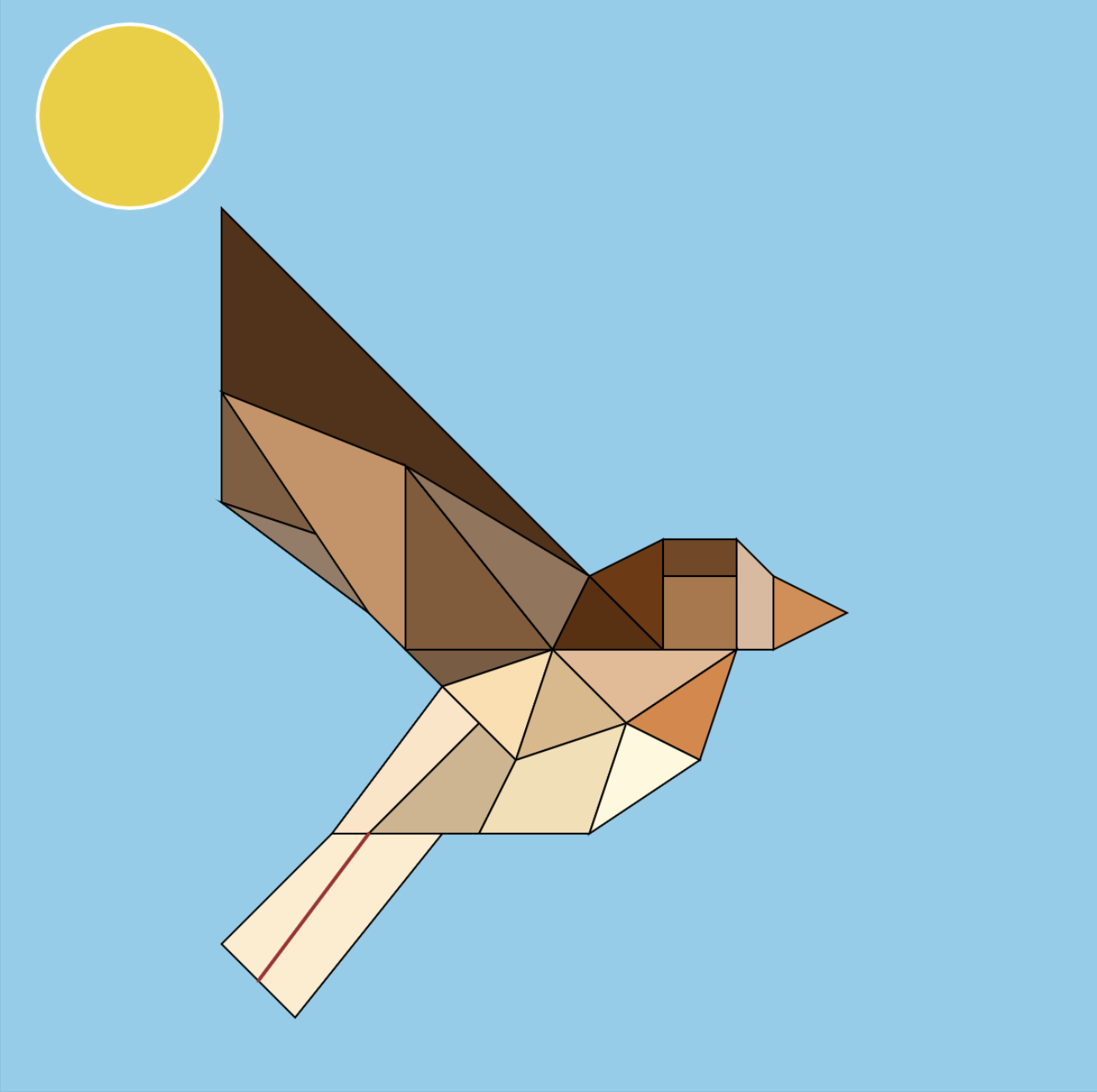 A bird made of dark brown and light brown shapes is flying in a light blue sky with a yellow sun in the top left corner.