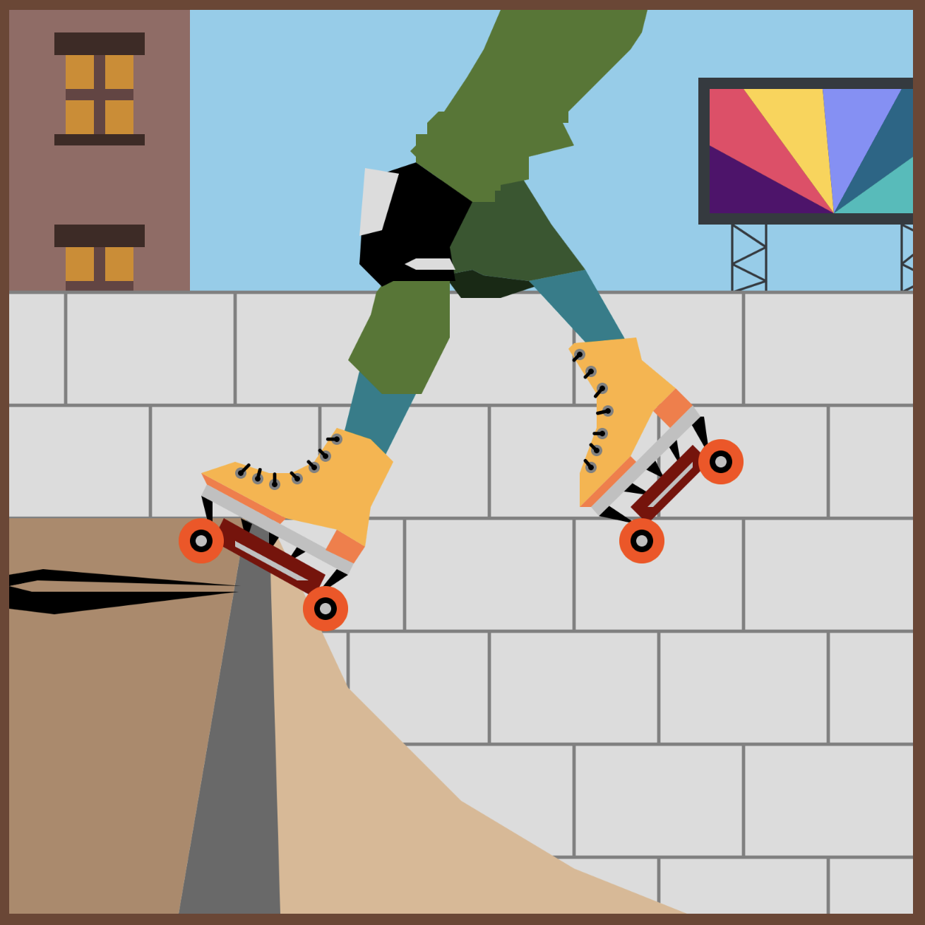 Bottom half of a person wearing green pants, blue socks, black kneepads, and yellow roller skates with red wheels at the top of a brown skate ramp with a  gray brick wall, brown building, and rainbow-colored billboard in the background on a blue sky.