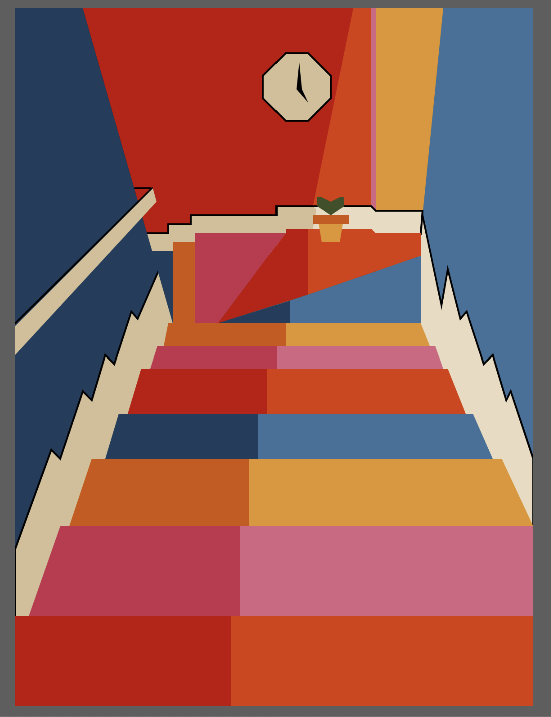 Red, blue, pink, and yellow stairs going down with dark blue walls on the sides, a clock on the red and yellow wall in front, and a yellow flower pot at the bottom of the stairs.