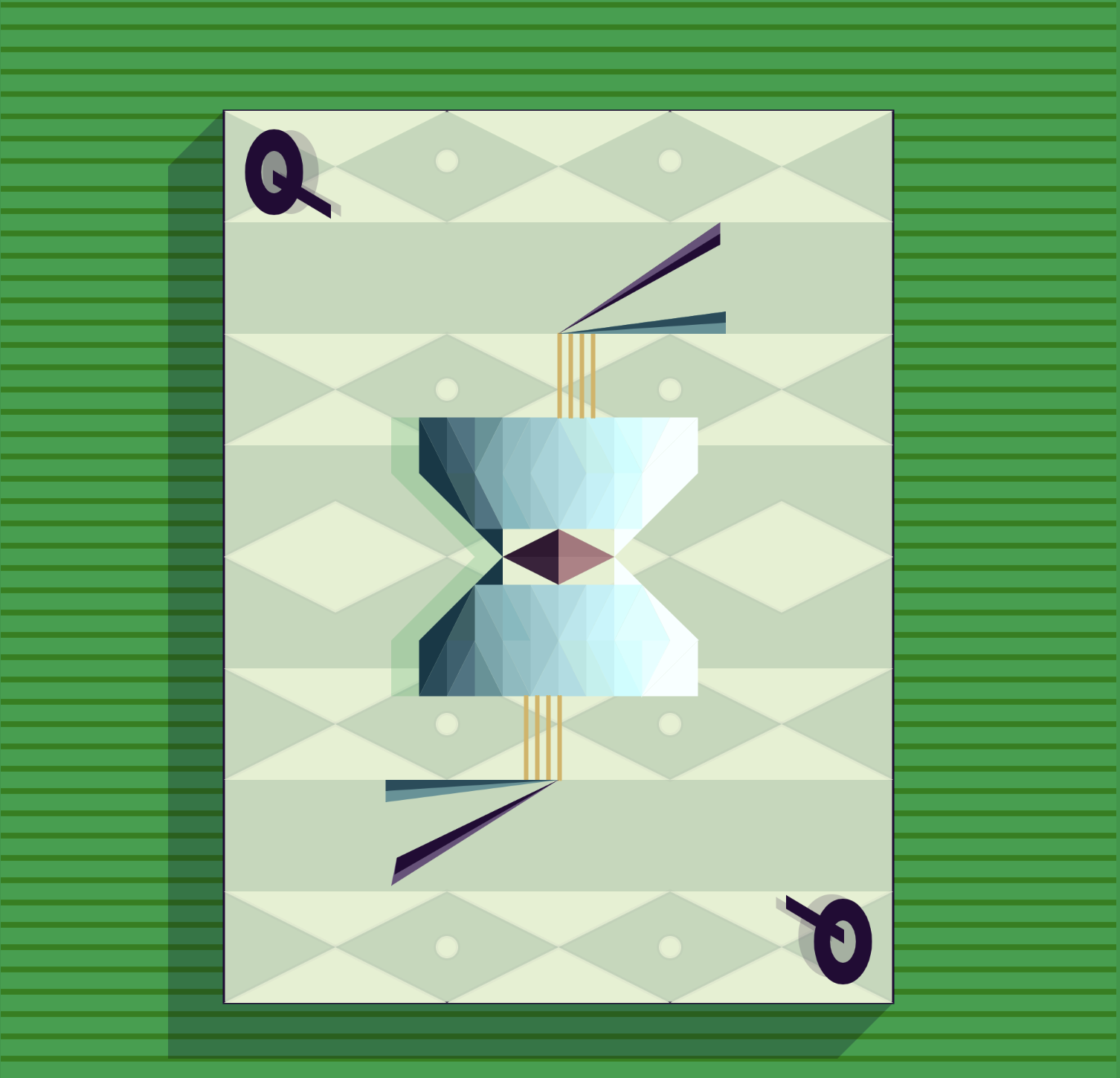 Queen playing card, with chopsticks picking up ramen from a blue bowl on a gray-green background made of diamonds, on a dark green background.