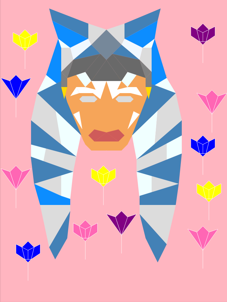 A mosaic-style image of Ashoka from Star Wars on a pink background, surrounded by multicolored flowers.