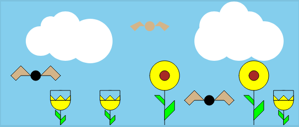 Simple geometric shapes forming yellow flowers, brown birds, and white clours against a blue sky.