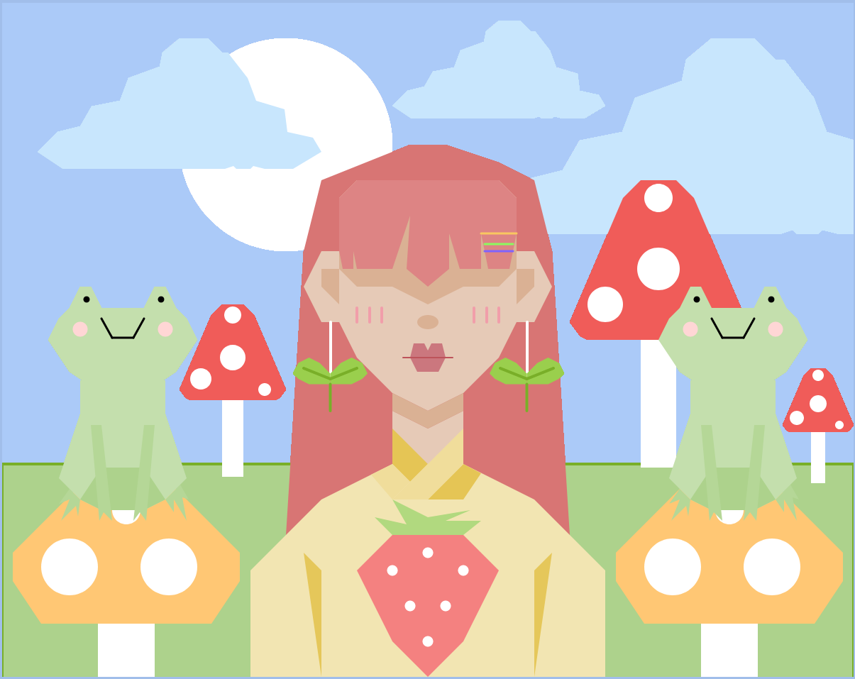 A girl with pink hair and wearing a strawberry sweater is flanked by two frogs on orange mushrooms. They stand in front of more red mushrooms and a blue cloudy sky.