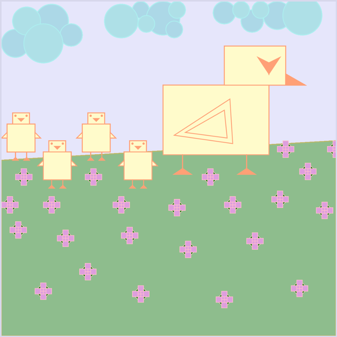 Simple geometric shapes form a yellow duck and four ducklings standing on a field of pink flowers with clouds overhead.