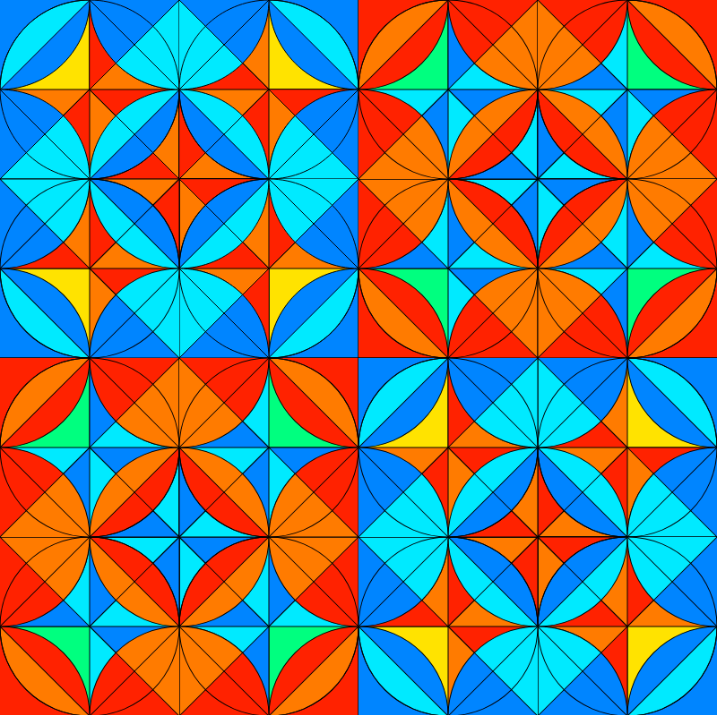 A mosaic-style image of multi-toned orange stars set in multi-toned blue circles and vice versa.