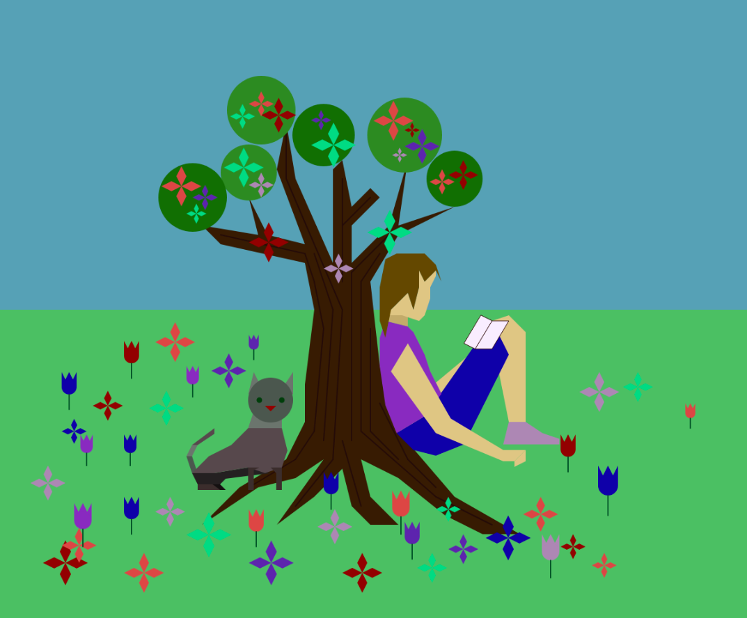 Various geometric shapes forming a person reading a book under a tree, next to a cat. The tree and grass are full of multicolored flowers.