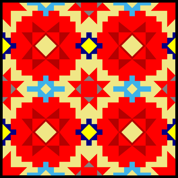 A mosaic-style image of orange, yellow, and blue geometric shapes on a yellow background. The style evokes Native American weaving patterns.