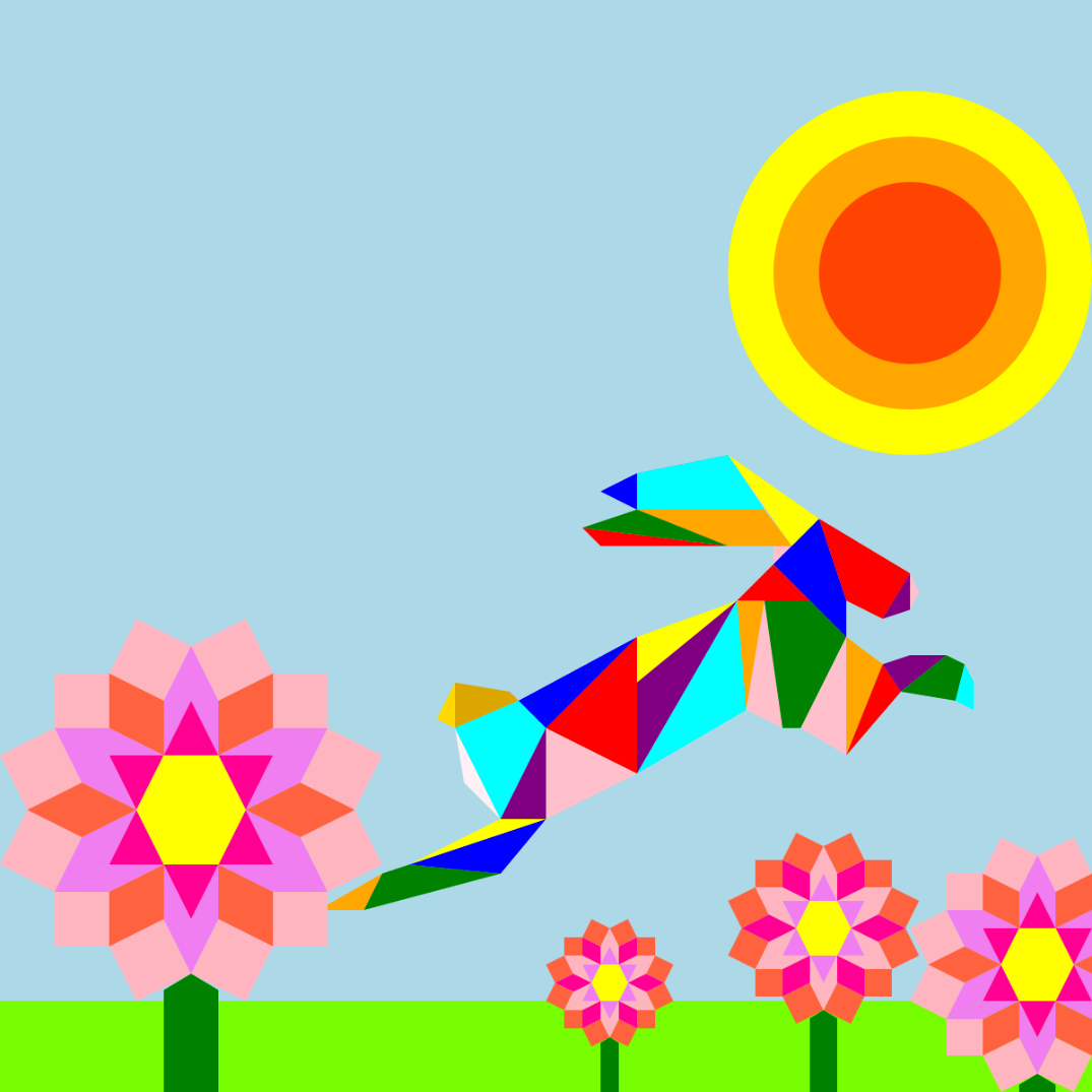 A mosaic-style image of a multicolored rabit jumping over pink flowers under the sun.