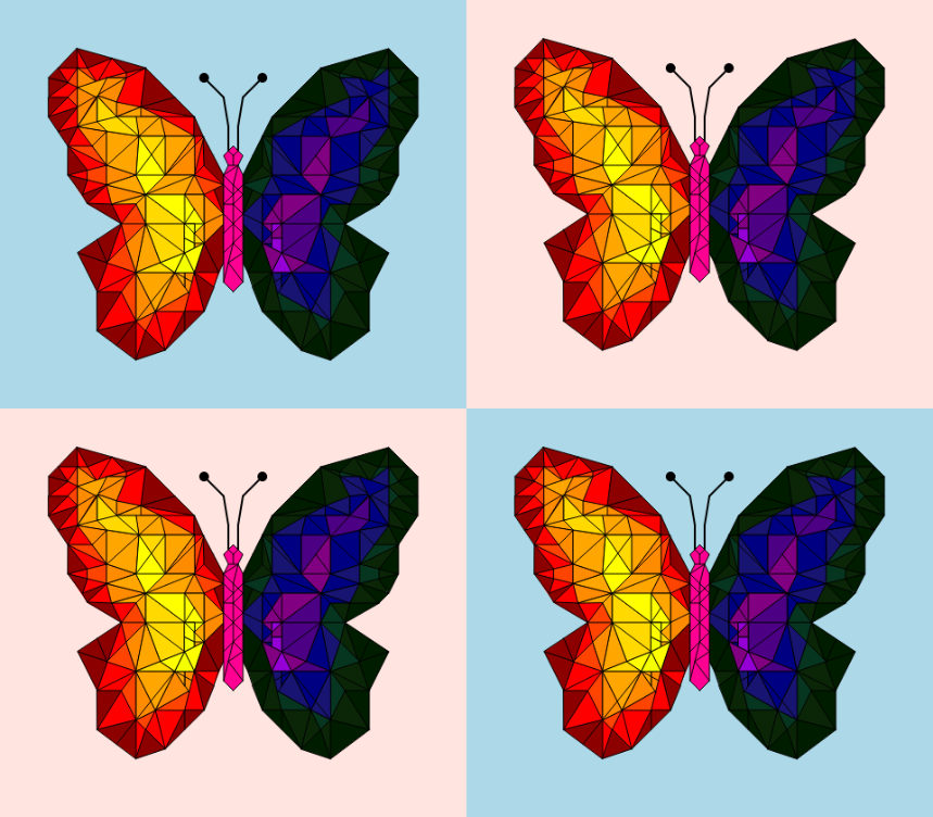 Multicolored triangles forming four butterflies, each with one yellow/orange and one purple/black wing on alternating pink and blue backgrounds.