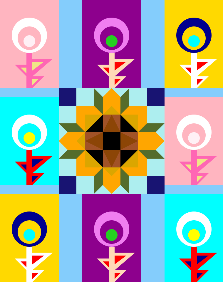 Geometric shapes forming 8 multicolored circular flowers on backgrounds of contrasting colors, surrounding a yellow and brown angular flower.
