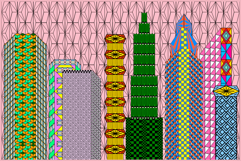 Many tiny geometric shapes forming multicolored skyscrapers aginst a pink background of larger geometric shapes.