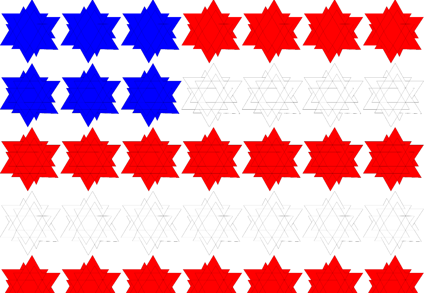 Various geometric shapes forming alternating orange, purple, yellow, and blue butterflies.