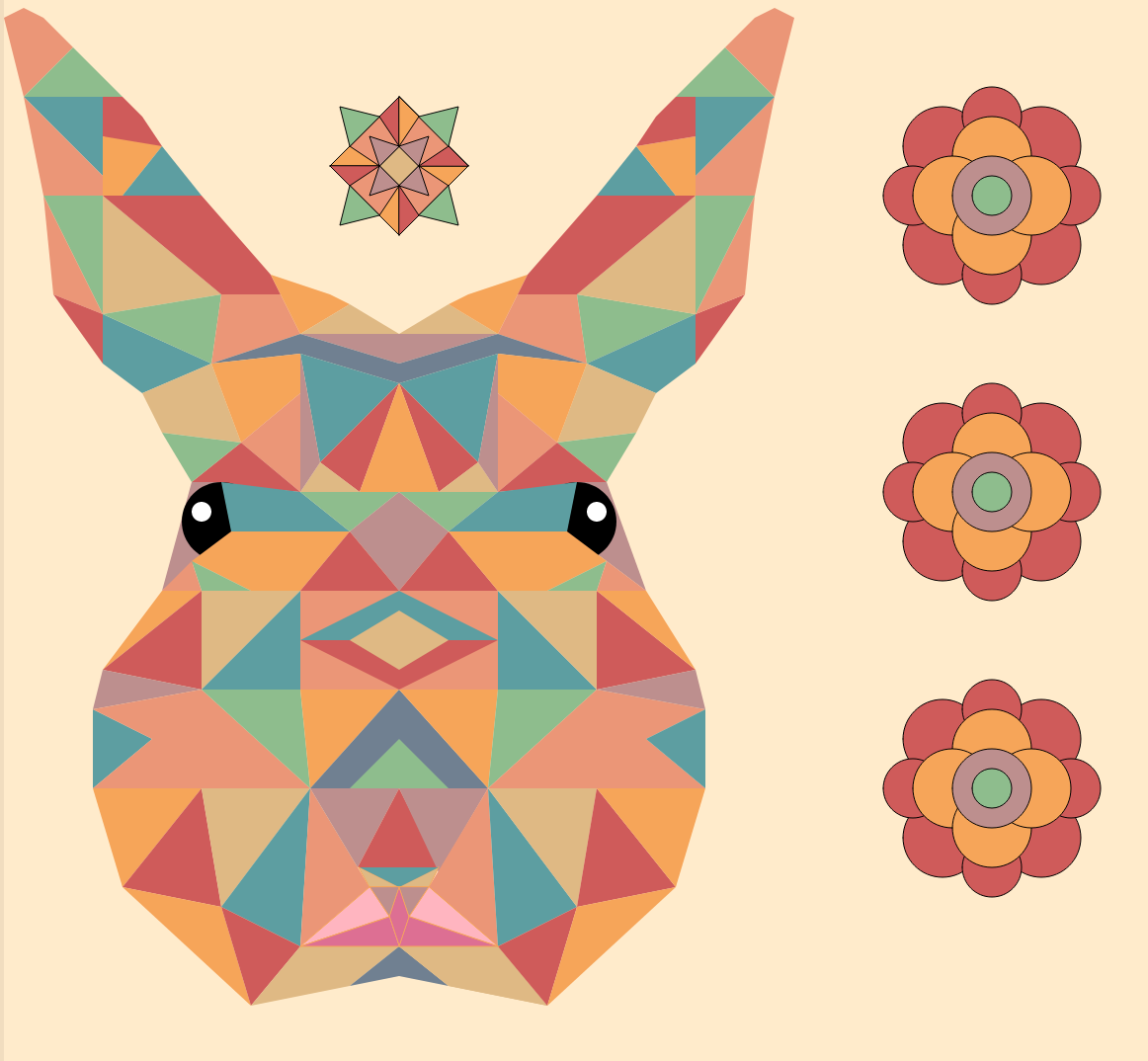 Many multicolored geometric shapes form an image of a rabbit head. A square "flower" sits over the head, and three "flowers" made of circles sit alongside the head.