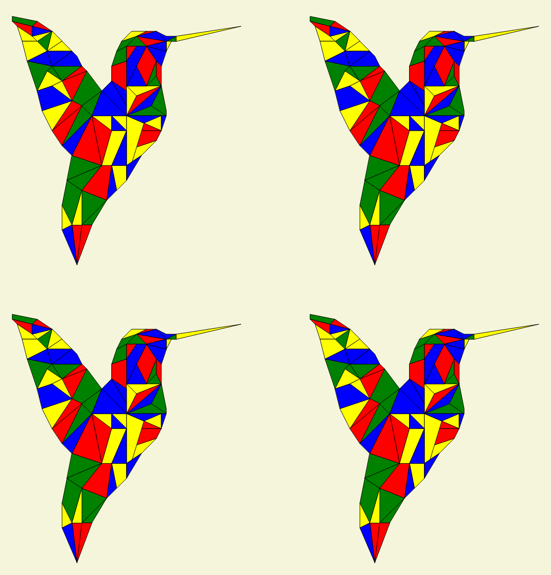 Red, blue, green, and yellow geometric shapes combine to form four identical hummingbirds.