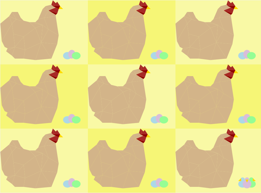 Many geometric shapes combine to form nine identical brown chickens laid out in a grid. A green, a purple, and a blue egg sit next to each chicken.