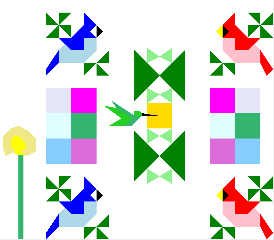 Geometric shapes forming simplified bluejays, redbirds, and a green humming bird. They are surrounded by green, pink, and blue triangles and squares evoking leaves. A dandelion stands on the left side.