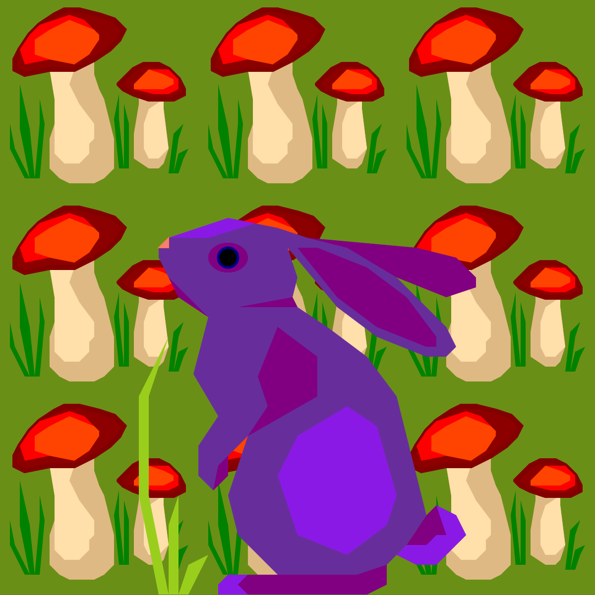A purple rabbit standing in front of a field of red mushrooms.