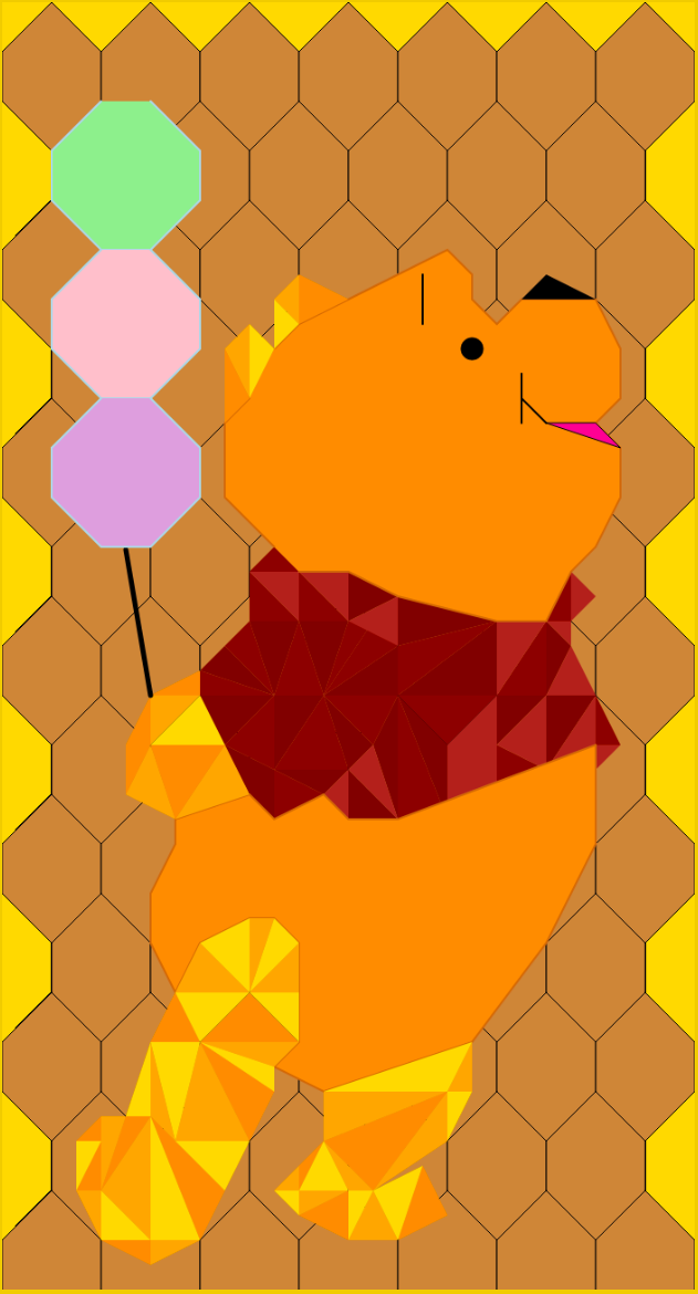 A mosaic-style image of Whinnie the Poo holding balloons.