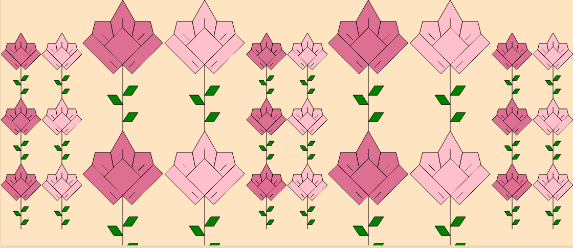 A mosaic-style image of light and dark pink flowers with green leaves, on a tan background.