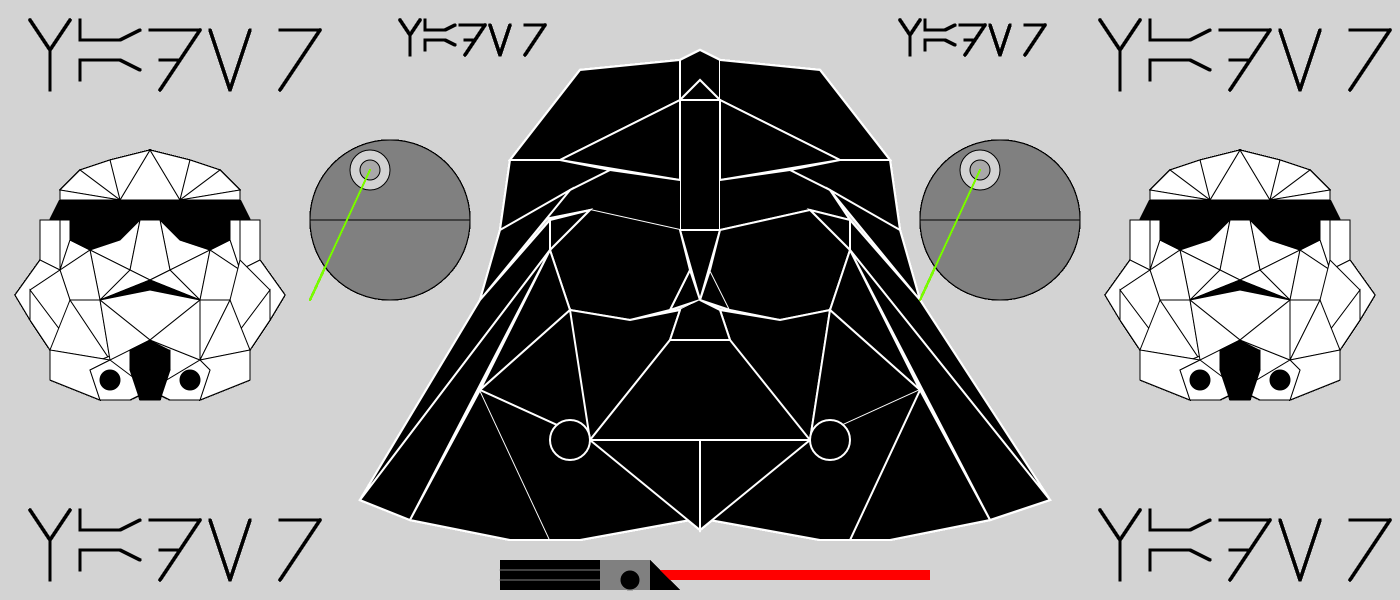 Darth Vader and storm trooper helmets with a red light saber underneath.
