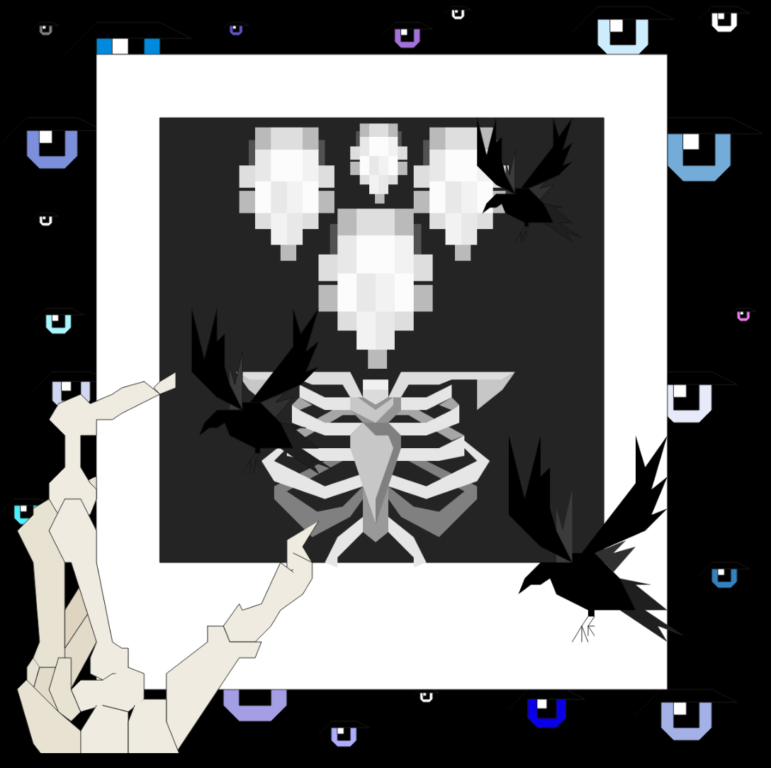 A skeleton hand holding a photo of a skeleton with crows flying by.