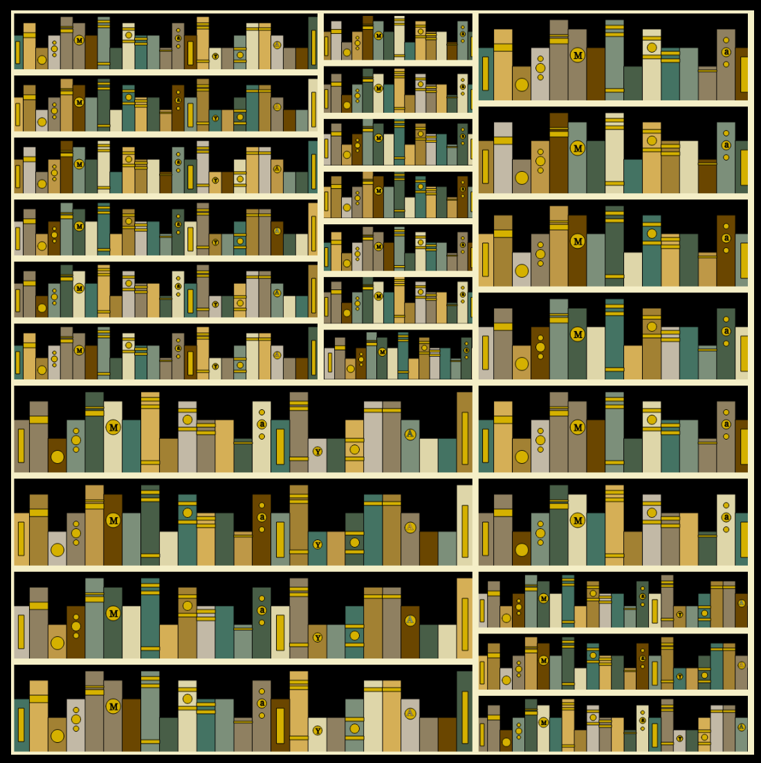 Many books of varying sizes placed side-by-sde on many shelves.
