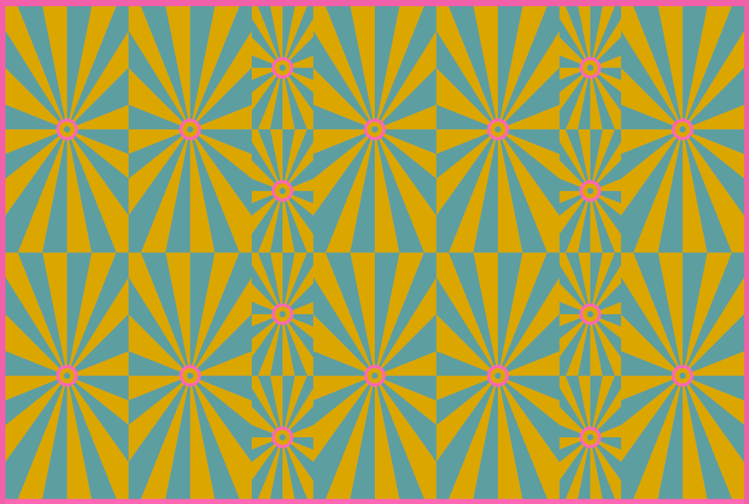 Pink circles surounded by yellow and blue rays.