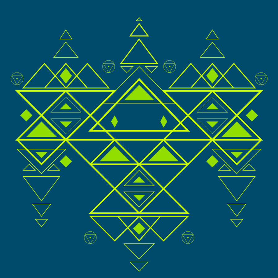 Various lime green triangles in a symmetrical pattern on a dark blue background.