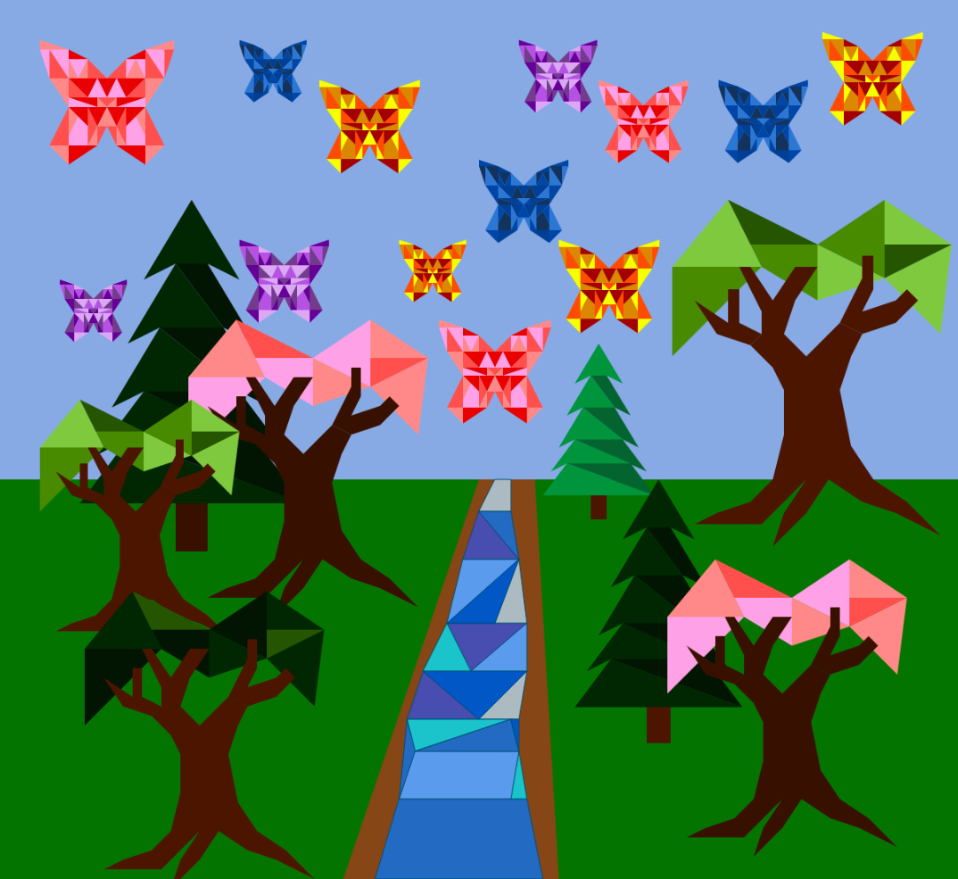 A forest scene with butterflies, trees, and a river.