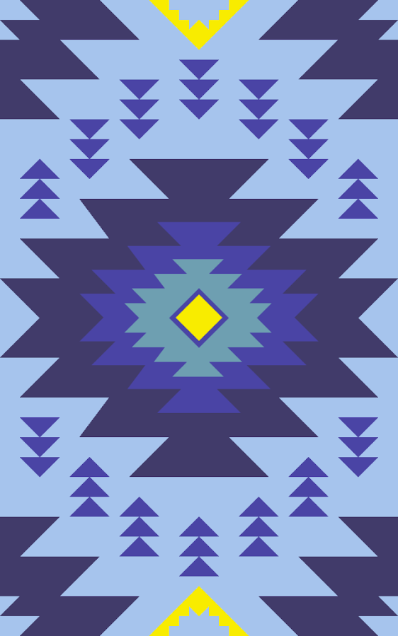 A design of various blues and triangles, reminiscent of native american weaving patterns.