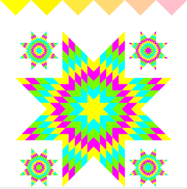 A large 8-sided star with colors of green, purple, yellow, and blue.