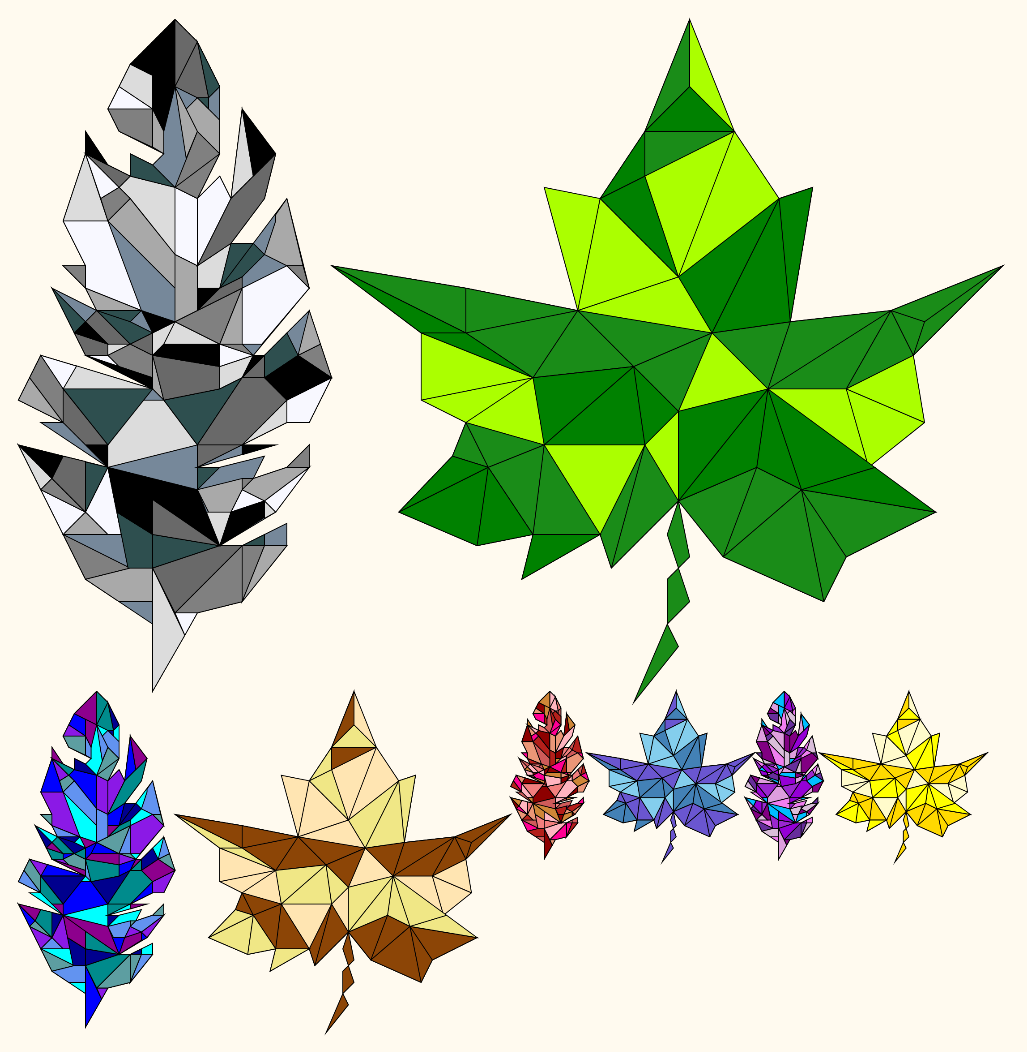 Various leaves of different shapes and colors made up of many small triangles.