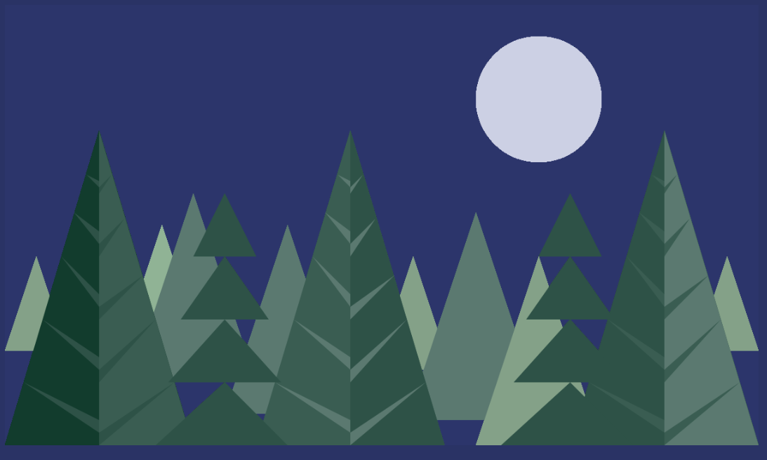 Pine trees of various shapes and sizes under the night sky and full moon.