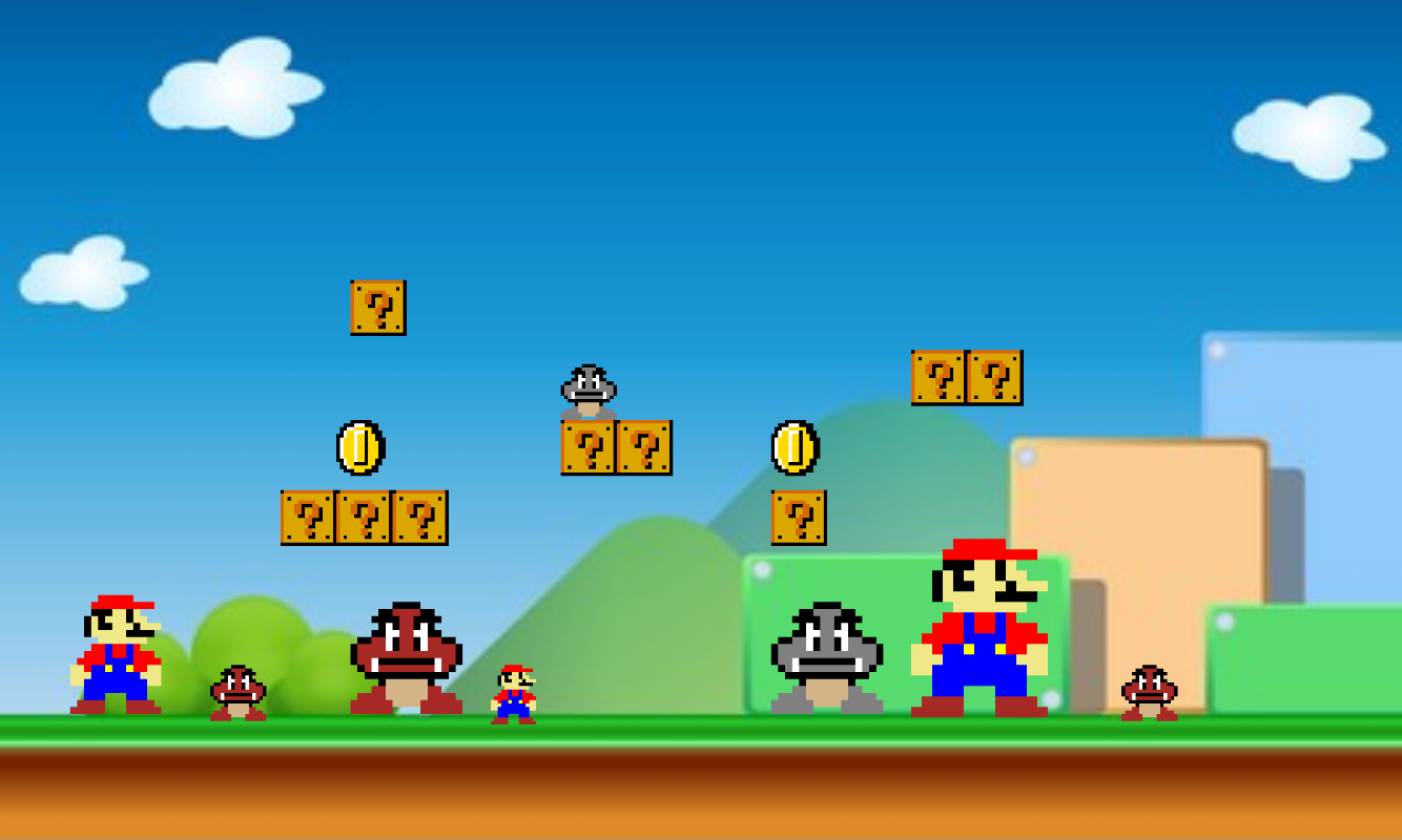 Several Marios and Goombas in a classic Mario level, surrounded by boxes and coins.